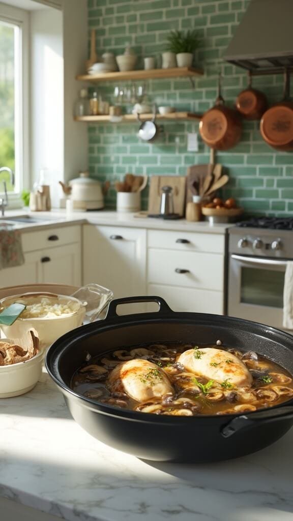 Slow Cooker Keto Chicken And Mushroom Soup 5 Modern kitchen with green subway tile backsplash, stainless steel appliances, and marble countertops, featuring a black ceramic slow cooker with chicken and mushrooms, captured in natural daylight.
