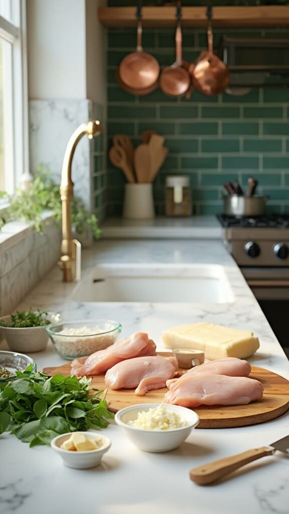 Keto Spinach &Amp; Cheese Stuffed Chicken Breast 3 Raw ingredients for a chicken and spinach pasta dish beautifully arranged in a modern kitchen, including chicken breasts, spinach, cheeses, and herbs, with a wooden cutting board and chef's knife on white marble countertops.