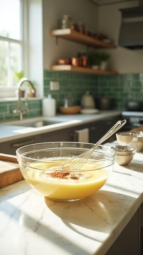 Keto Sausage &Amp; Egg Breakfast Casserole 5 Whisked egg mixture in a clear glass bowl on a marble countertop in a modern kitchen with green subway tile backsplash and copper pots