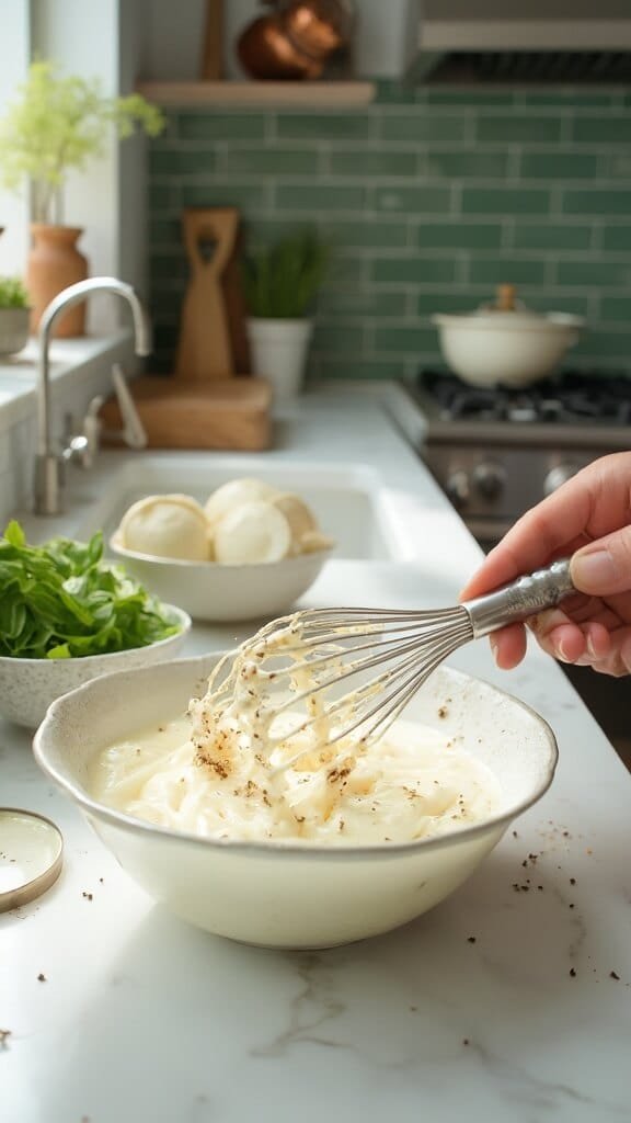 Professional food photography of whisking ranch dressing in modern kitchen