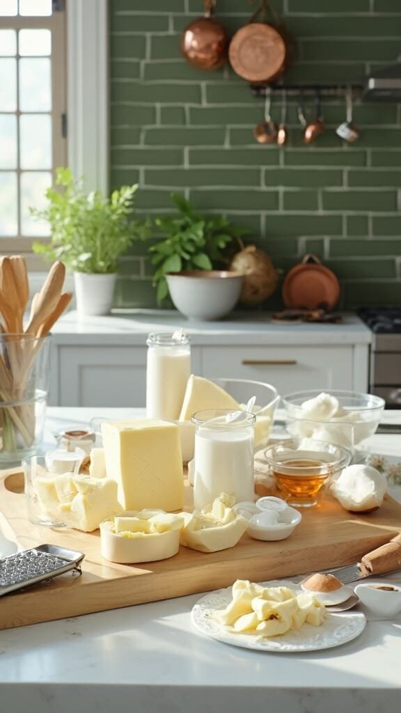 Homemade Keto Alfredo Sauce (Rich, Creamy &Amp; Ready In 15 Minutes) 3 Fresh ingredients for alfredo sauce arranged on a marble countertop in a modern kitchen with natural daylight and modern cookware