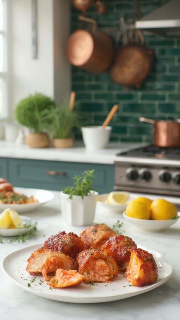 Bacon-Wrapped Keto Salmon Bites 7 Golden-brown bacon-wrapped salmon bites on a white ceramic platter, garnished with herbs and lemon in a modern kitchen with green subway tile backsplash, wooden utensils, and cream-colored bowls.