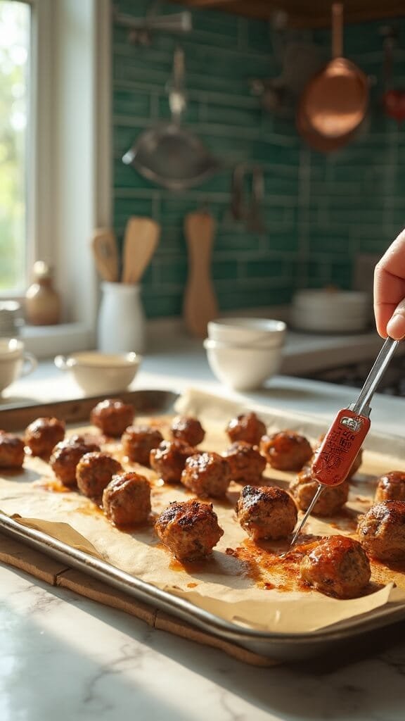Keto Italian Meatballs With Marinara Sauce 6 Baked meatballs on a baking sheet in a modern kitchen with white marble countertops and green subway tile backsplash, under natural daylight