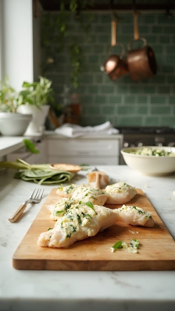 Keto Spinach &Amp; Cheese Stuffed Chicken Breast 4 Butterflied chicken breasts on wooden cutting board with prepared spinach-cheese filling in a cream-colored bowl in a modern kitchen