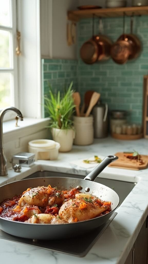 Keto French Onion Chicken Skillet 6 Chicken and onions simmering in red wine sauce in a modern kitchen with white marble countertops, wooden utensils, and green subway tiles backsplash, under natural daylight.