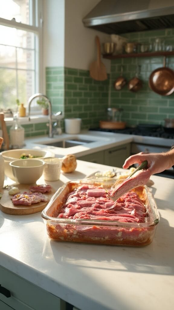 Low-Carb Reuben Casserole 4 First layer of corned beef being arranged in a buttered glass baking dish in a modern kitchen with green subway tile backsplash and copper pots