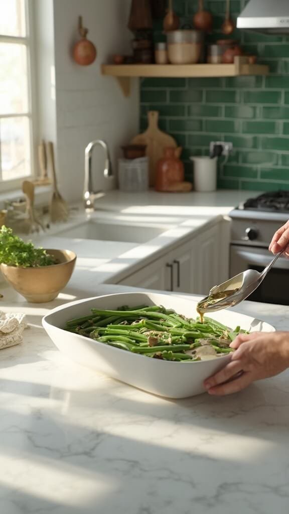 Classic Keto Green Bean Casserole (Creamy, Low-Carb Holiday Favorite) 5 Pouring creamy mushroom sauce over blanched green beans in a modern kitchen with white marble countertops and green subway tile backsplash, shot with soft natural daylight.