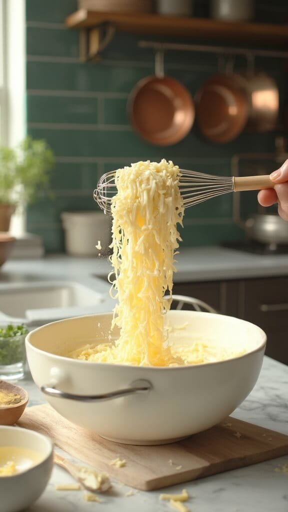 Homemade Keto Alfredo Sauce (Rich, Creamy &Amp; Ready In 15 Minutes) 6 Freshly grated parmesan cheese being mixed into a creamy mixture in a modern kitchen with sunlight streaming in