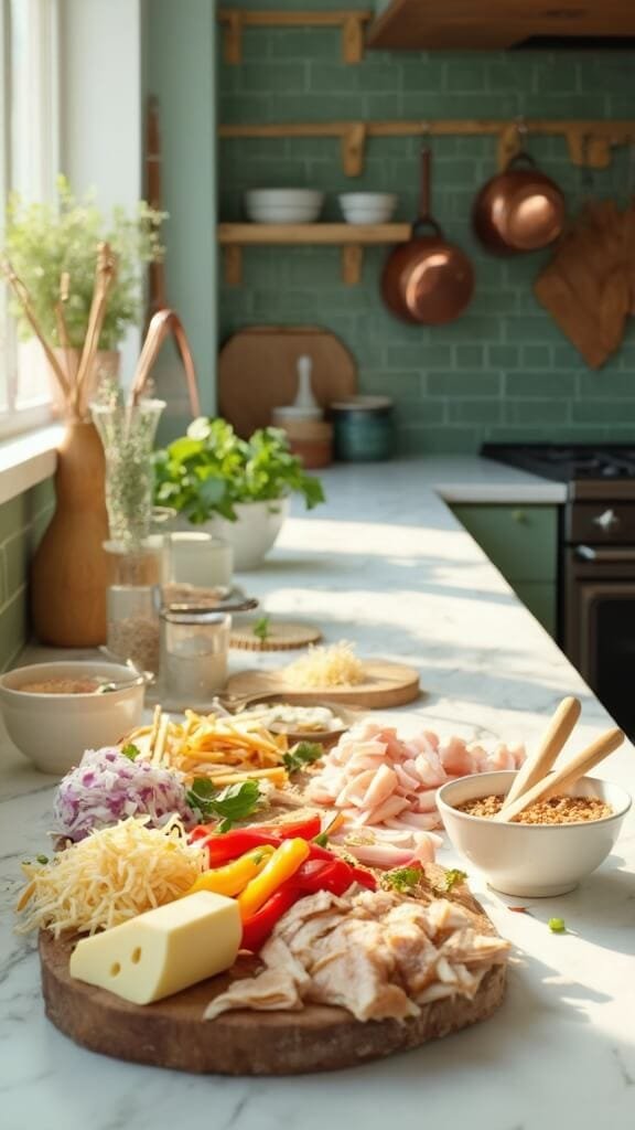 Keto Chicken Fajita Casserole (Easy One-Pan Low-Carb Dinner) 3 Modern kitchen scene with raw ingredients for chicken fajita preparation, including sliced chicken, bell peppers, onions, and cheese, arranged on marble countertop in natural daylight.
