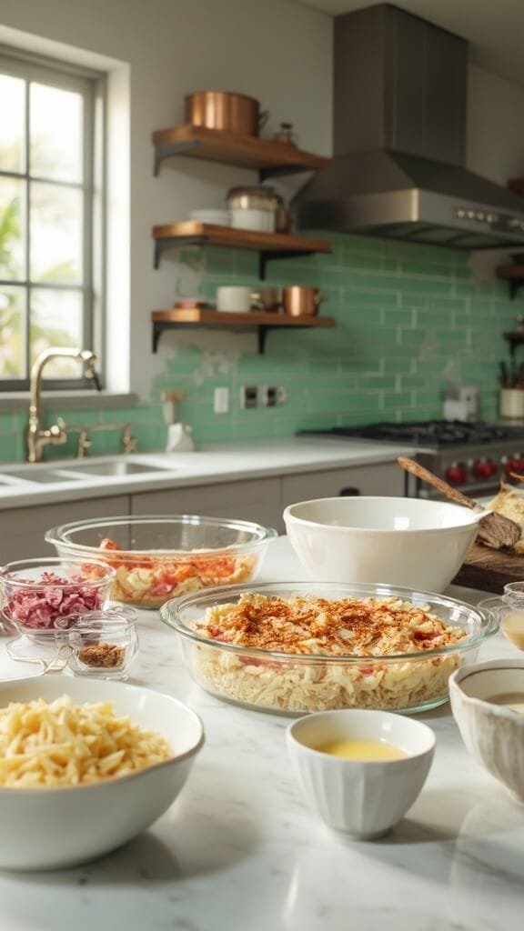 Low-Carb Reuben Casserole 3 Ingredients for keto reuben casserole in a modern kitchen, lit by natural daylight, including swiss cheese, sauerkraut, corned beef, and spices in ceramic and glass bowls.