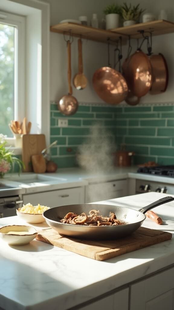 Classic Keto Green Bean Casserole (Creamy, Low-Carb Holiday Favorite) 4 Golden brown sautéing mushrooms in a skillet in a modern kitchen with green subway tile backsplash, a variety of cookware, and prep bowls containing minced garlic and cream