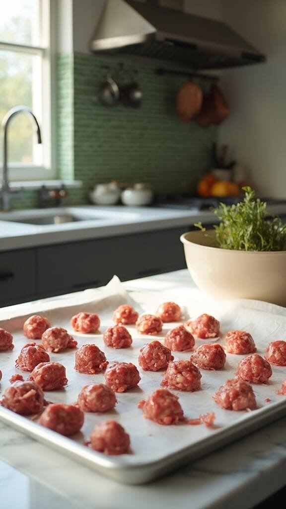 Keto Italian Meatballs With Marinara Sauce 4 Raw meatballs arranged neatly on a baking sheet in a modern kitchen with green subway tile backsplash
