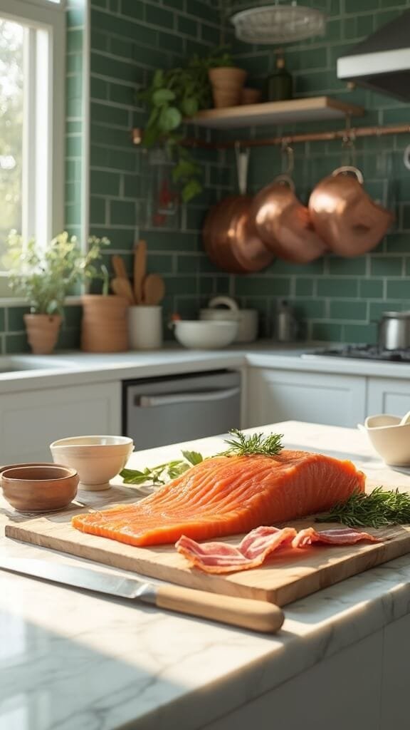 Bacon-Wrapped Keto Salmon Bites 3 Raw salmon fillet and thick-cut bacon on a wooden cutting board in a modern kitchen with green subway tile backsplash and stainless steel appliances, under natural daylight.