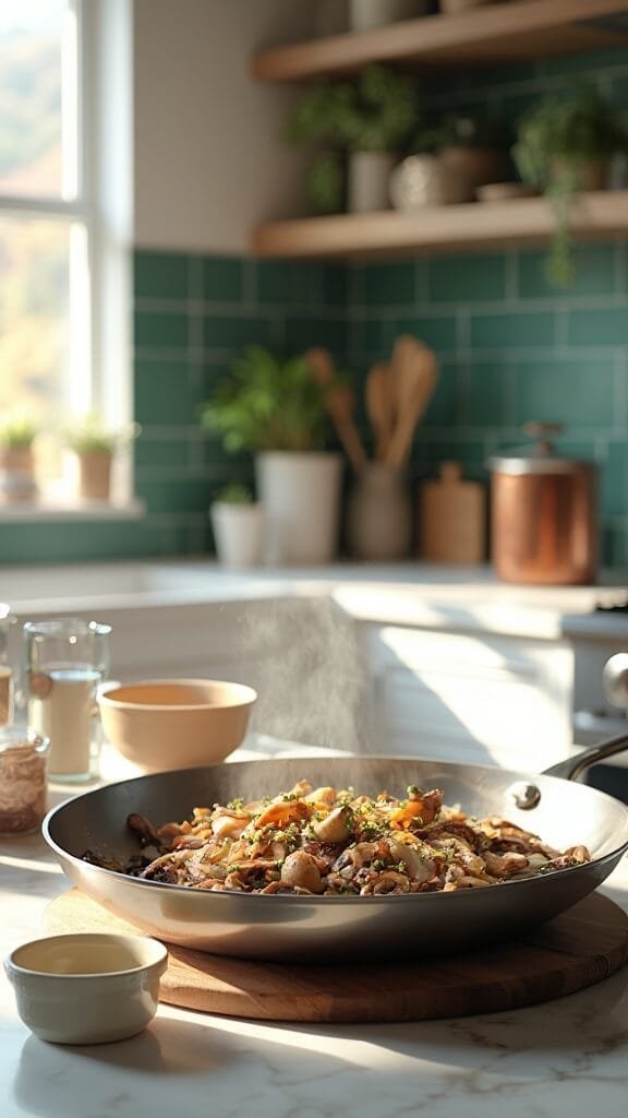Slow Cooker Keto Chicken And Mushroom Soup 4 Modern kitchen with sautéed onions, garlic, and mushrooms in a stainless steel skillet, wooden utensils, cream-colored ceramic bowls, and warm, earthy colors illuminated by natural daylight