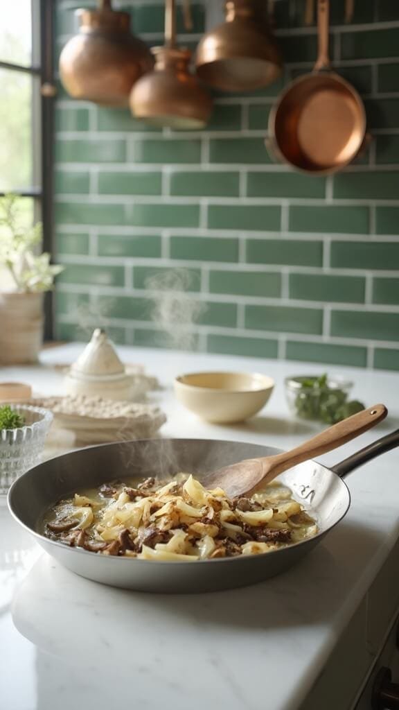 Keto Turkey Meatloaf With Almond Flour 4 Modern kitchen with sautéing onions, mushrooms, and garlic in a stainless steel skillet on white marble countertop, near wooden utensils and cream-colored ceramic bowls under natural daylight.