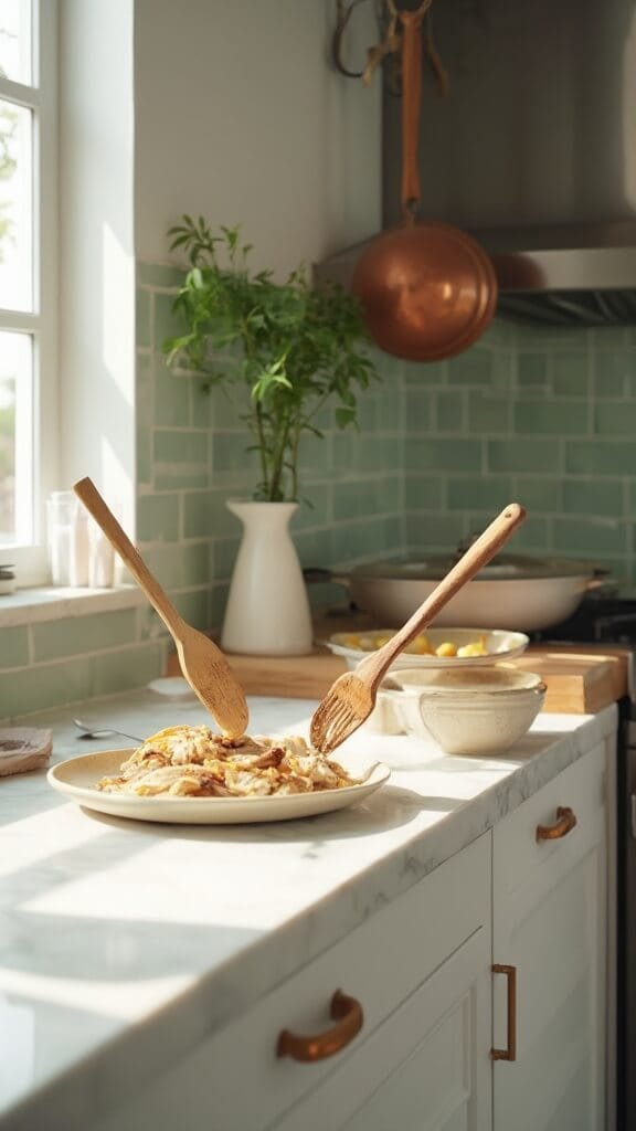 Slow Cooker Keto Chicken And Mushroom Soup 6 Modern kitchen setup with chicken being shredded on a cream-colored ceramic plate, cookware and wooden utensils on the white marble countertop.