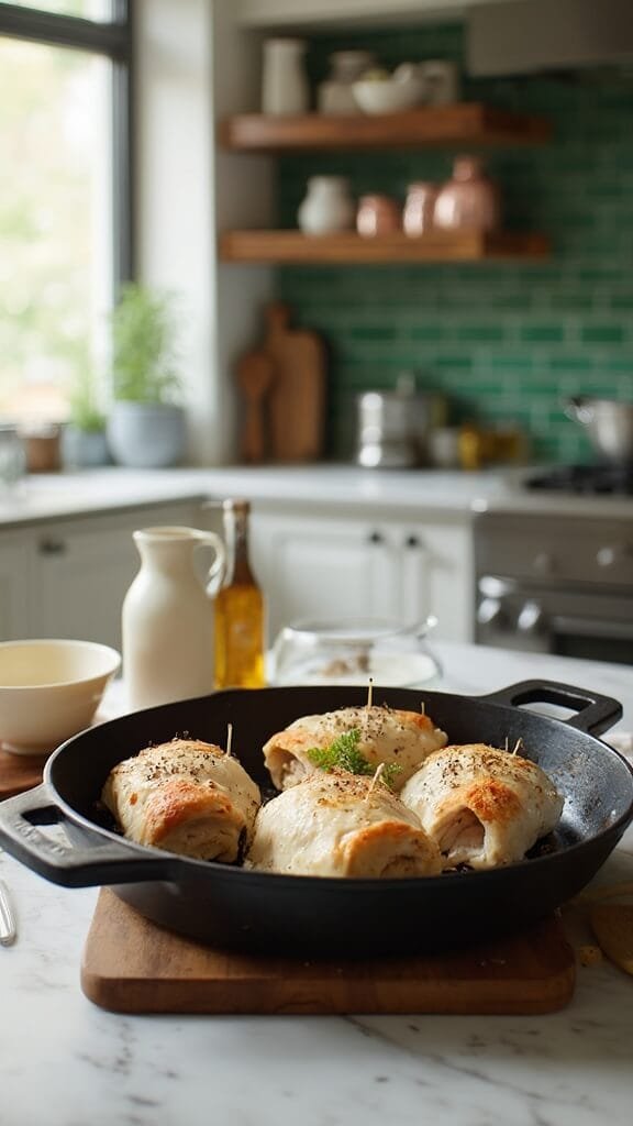 Keto Spinach &Amp; Cheese Stuffed Chicken Breast 5 Stuffed chicken breasts ready for searing in a modern kitchen, with olive oil and utensils nearby