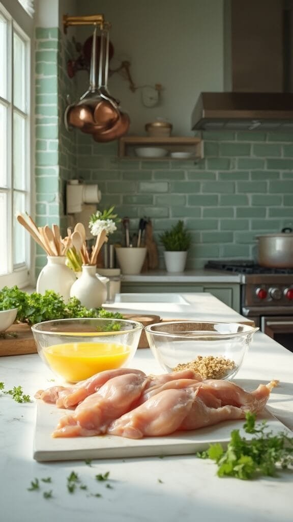 Keto Fried Chicken Tenders With Pork Rind Breading 3 Raw chicken tenders on a white ceramic platter, bowls of beaten eggs and pork rind mixture, fresh herbs and seasonings in modern kitchen with green subway tiles and copper pots.