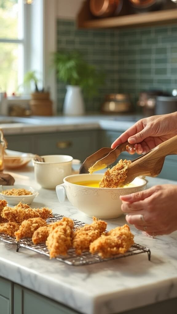 Keto Fried Chicken Tenders With Pork Rind Breading 4 Hands dipping chicken tender into egg mixture in a modern kitchen with green subway tile backsplash and wooden utensils