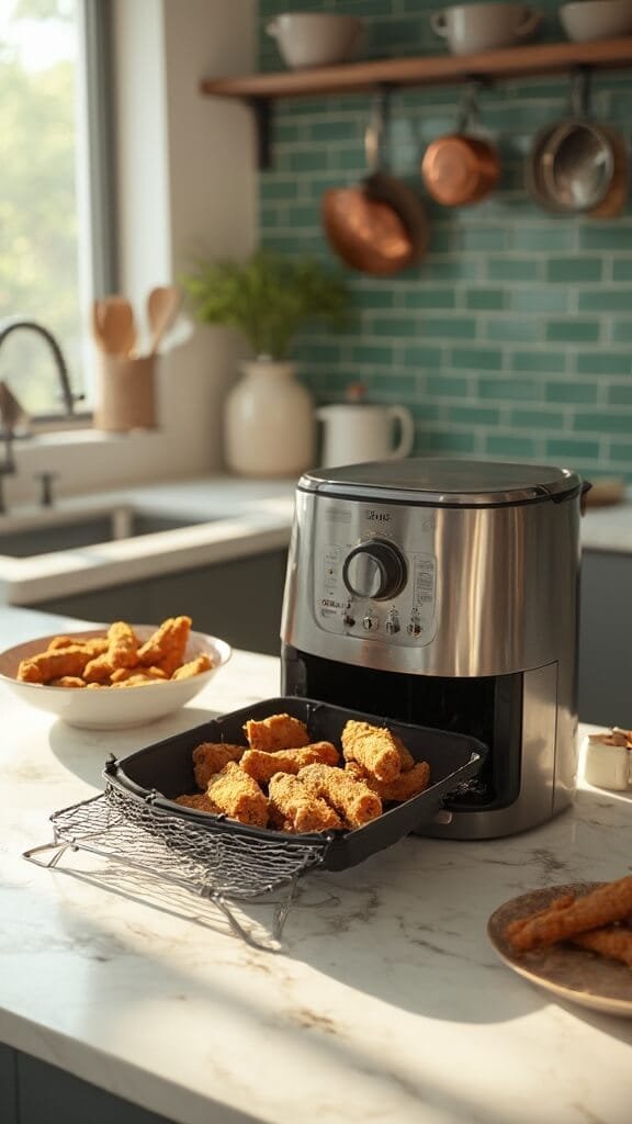 Keto Fried Chicken Tenders With Pork Rind Breading 5 Professional food photography of breaded tenders being arranged in a stainless steel air fryer in a modern kitchen with green subway tile backsplash, wooden utensils, and cream-colored ceramic prep bowls.