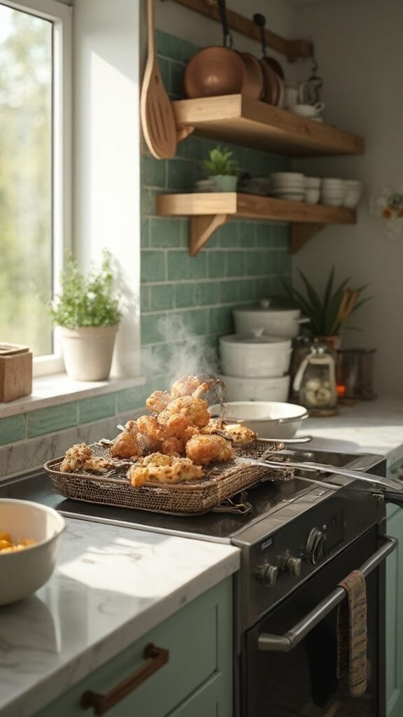 Keto Fried Chicken Tenders With Pork Rind Breading 6 Golden-brown tenders being flipped in an air fryer in a modern kitchen with green subway tile backsplash, wooden utensils, and cream-colored prep bowls.