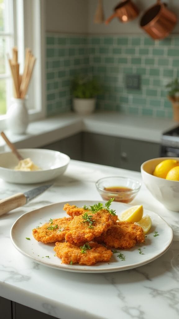 Keto Fried Chicken Tenders With Pork Rind Breading 7 Golden-brown chicken tenders on a white ceramic platter with fresh parsley, side of dipping sauce, in a modern kitchen with green subway tile backsplash