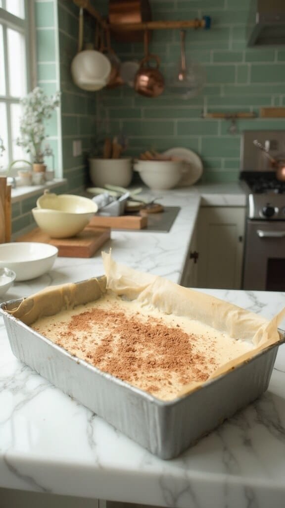 Keto Cinnamon Swirl Bread 4 Keto bread batter with cinnamon in a parchment-lined loaf pan, shot in a modern kitchen with white marble countertops and green subway tile backsplash