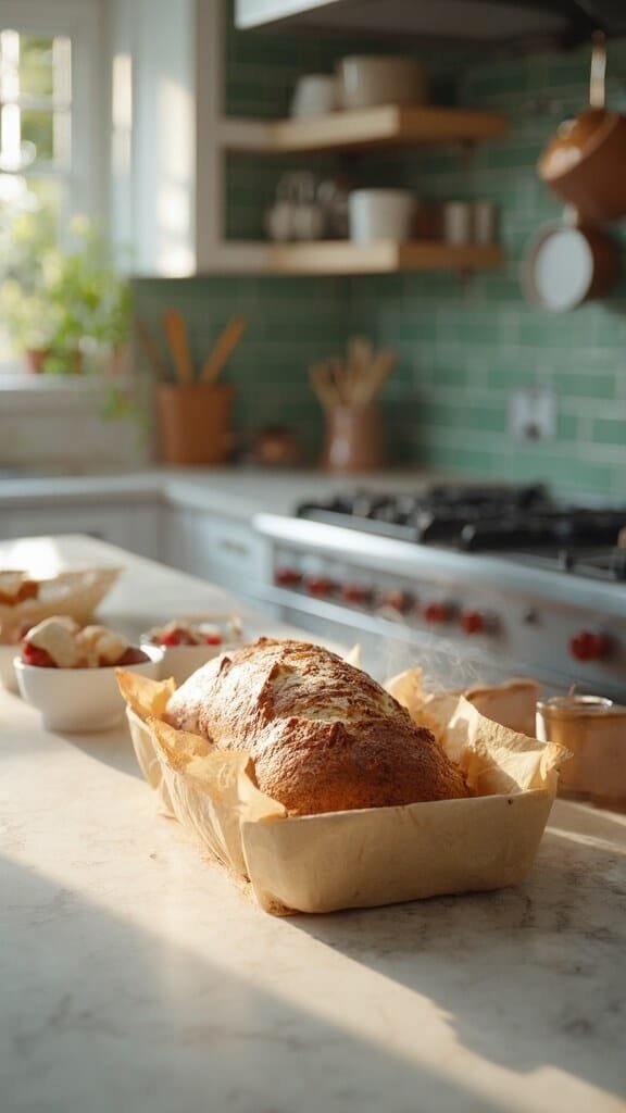 Keto Cinnamon Swirl Bread 5 Freshly baked keto cinnamon swirl bread in a modern kitchen with white marble countertops, wooden utensils, and green subway tile backsplash, illuminated by natural daylight.