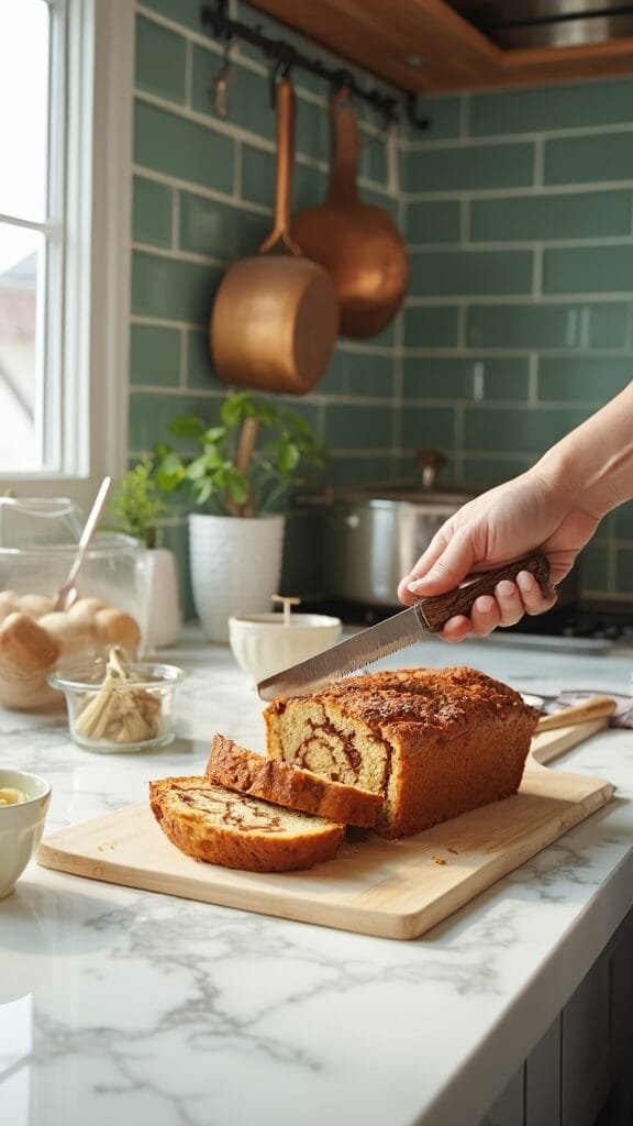 Keto Cinnamon Swirl Bread 6 Professional food photography of keto cinnamon bread being sliced in a modern kitchen with green subway tiles, copper pots, and natural daylight.