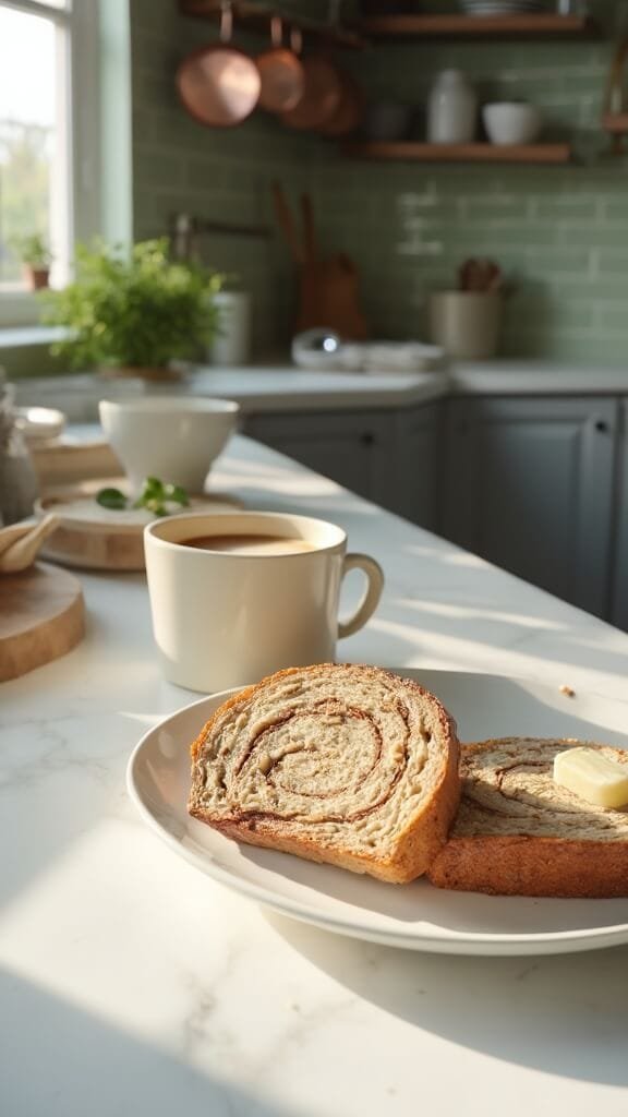 Keto Cinnamon Swirl Bread 7 Keto cinnamon bread on white ceramic plate, butter pat melting on top, next to coffee in cream-colored mug, in modern kitchen with green subway tiles and copper pots.
