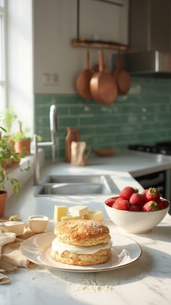 Gluten-Free Strawberry Shortcake With Almond Flour Biscuits 3 Ingredients for gluten-free strawberry shortcake on a modern kitchen counter with warm, earthy color grading, featuring almond flour, cold butter, and fresh strawberries.