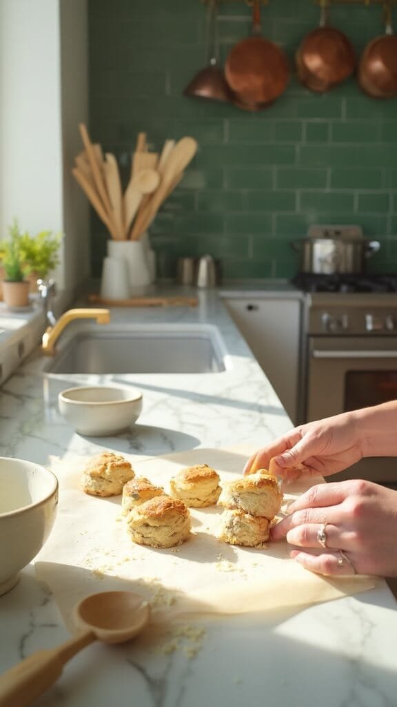 Gluten-Free Strawberry Shortcake With Almond Flour Biscuits 4 Hands preparing almond flour dough on parchment paper on a modern kitchen counter, six raw biscuits ready for baking, with dough and biscuit cutter in view, bathed in natural daylight.