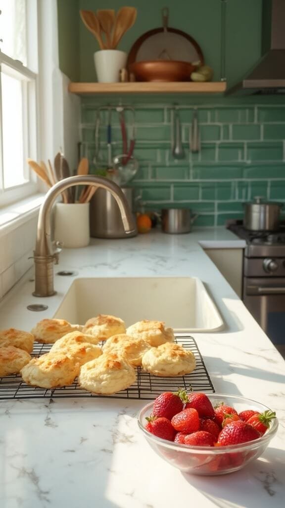 Gluten-Free Strawberry Shortcake With Almond Flour Biscuits 5 Golden-brown biscuits cooling on wire rack in modern kitchen with green subway tiles and fresh strawberries macerating in clear glass bowl