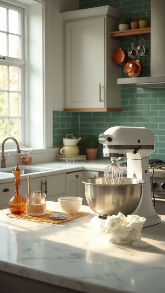 Gluten-Free Strawberry Shortcake With Almond Flour Biscuits 6 Modern kitchen setup with cream whipping in a stand mixer, wooden utensils, ceramic bowls, powdered sugar, and vanilla extract on white marble countertop