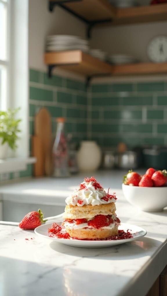 Gluten-Free Strawberry Shortcake With Almond Flour Biscuits 7 Strawberry shortcake on a white plate in a modern kitchen with green tile backsplash, marble countertops, and warm earthy tones