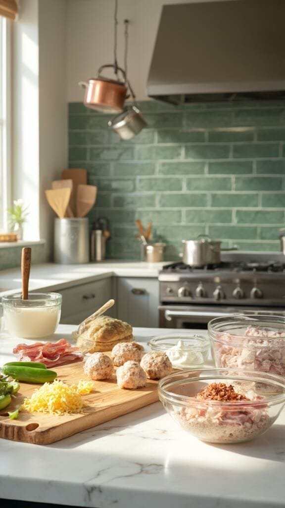 Keto Bacon-Wrapped Jalapeño Meatballs 3 Ingredients for keto bacon-wrapped jalapeño meatballs on a white marble countertop in a modern kitchen with green subway tiles and copper pots