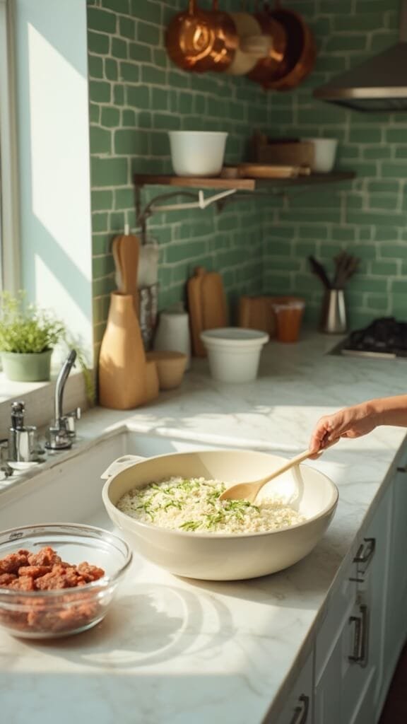 Keto Bacon-Wrapped Jalapeño Meatballs 4 Preparation of cream cheese and roasted jalapeno mixture in a modern kitchen with white marble countertops, stainless steel appliances and green subway tile backsplash