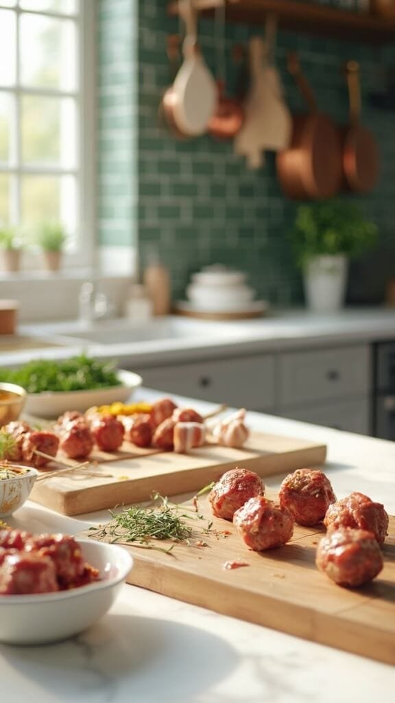 Keto Bacon-Wrapped Jalapeño Meatballs 5 Raw meatballs in various stages of preparation in a modern kitchen with white marble countertops, wooden utensils, cream-colored ceramic bowls, and natural daylight casting soft shadows.