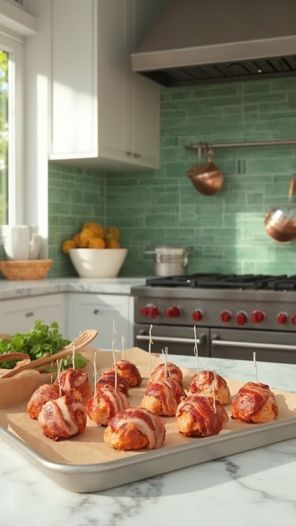 Keto Bacon-Wrapped Jalapeño Meatballs 6 Uncooked bacon-wrapped meatballs on parchment-lined baking sheet in a modern kitchen with white marble countertops, wooden utensils, and green subway tiles backsplash.