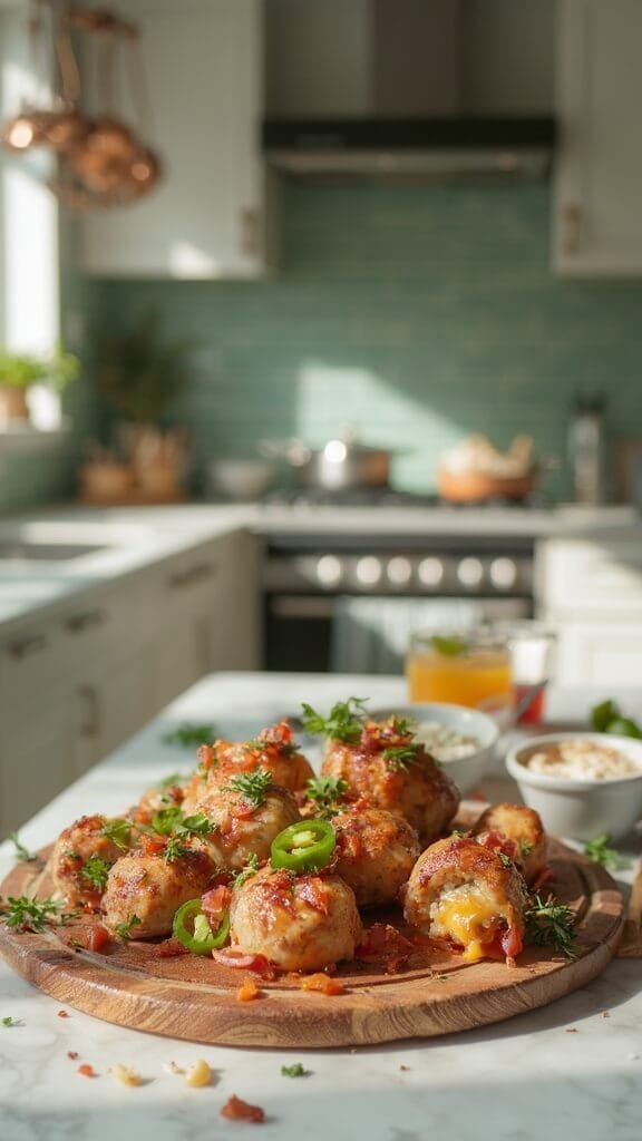 Keto Bacon-Wrapped Jalapeño Meatballs 7 Golden-brown meatballs with crispy bacon on a wooden serving board in a modern kitchen with green subway tiles and marble countertops, garnished with fresh jalapeños and micro-greens.