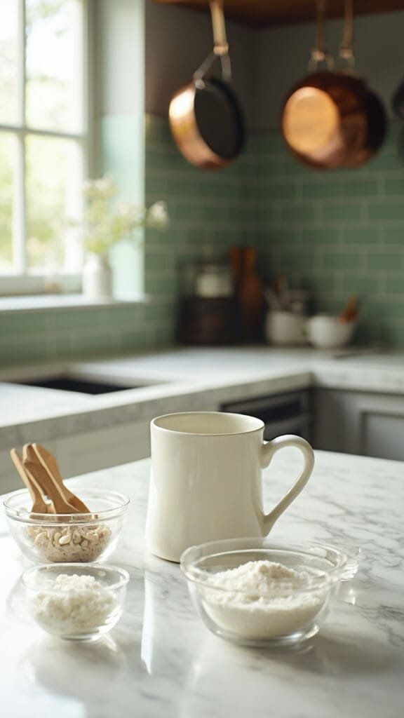 Keto Chocolate Chip Mug Cake 3 Professional food photography of dry ingredients preparation in a modern kitchen, featuring almond flour, erythritol, baking powder, and salt in prep bowls on a white marble countertop