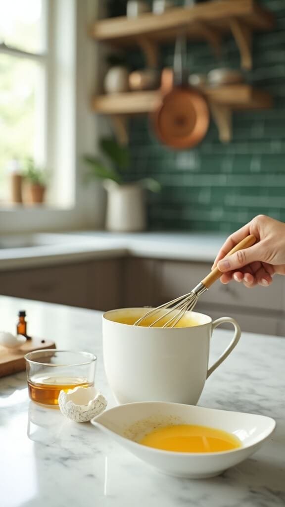Keto Chocolate Chip Mug Cake 4 Wooden whisk stirring smooth batter in a cream-colored ceramic bowl with cracked eggshell, melted butter, and vanilla extract on a white marble countertop in a modern kitchen setup