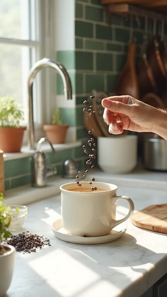 Keto Chocolate Chip Mug Cake 5 Hand adding sugar-free chocolate chips to batter in a modern kitchen with white marble countertops and green subway tile backsplash