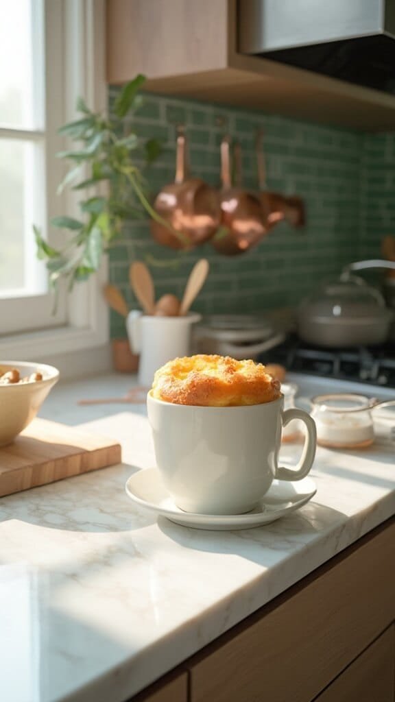Keto Chocolate Chip Mug Cake 6 Freshly microwaved cake in a mug on a modern white marble kitchen counter with warm, natural lighting