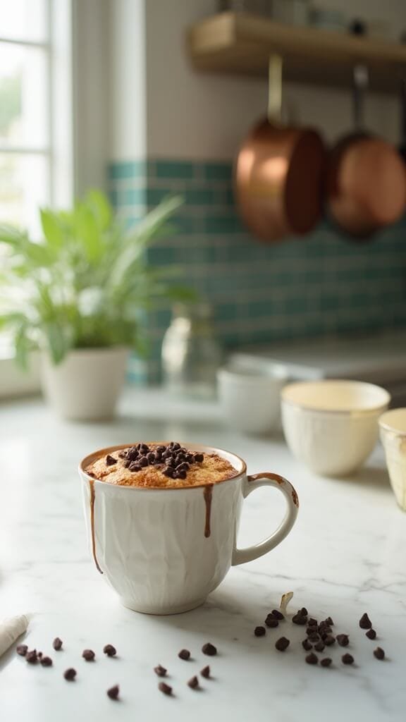 Keto Chocolate Chip Mug Cake 7 Modern kitchen with marble countertops, stainless steel appliances and a mug cake with melting chocolate chips on the counter