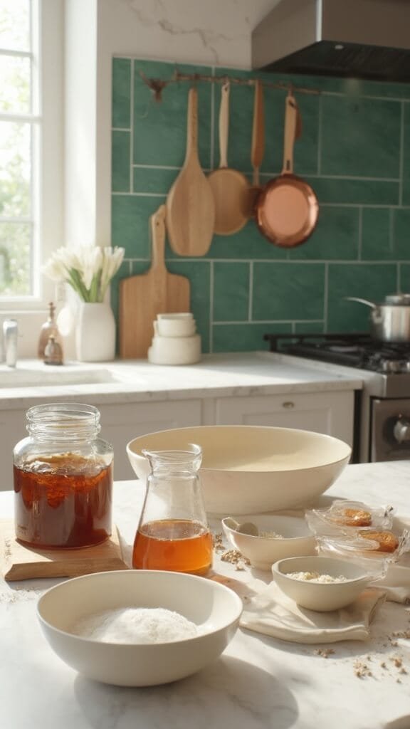 Almond Flour Peanut Butter Cookies 3 Ingredients for baking on a marble kitchen countertop, brightly lit by natural daylight, with modern cookware and utensils in a green-tiled kitchen.