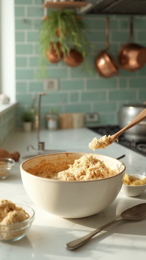 Almond Flour Peanut Butter Cookies 4 Modern kitchen scene with a bowl of peanut butter and maple syrup mixture on marble countertop, almond flour being incorporated with a wooden spoon, under natural daylight.