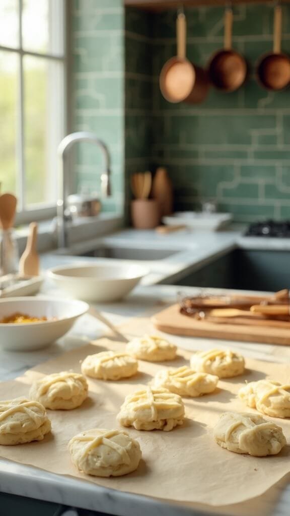 Almond Flour Peanut Butter Cookies 5 Dough balls arranged on baking sheet in modern kitchen with white marble countertops and green subway tiles backsplash, shot in natural daylight.