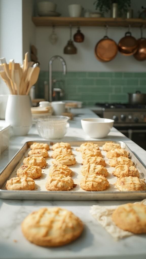 Almond Flour Peanut Butter Cookies 6 Freshly baked cookies on a baking sheet in a modern kitchen with white marble countertops, green subway tile backsplash, and stainless steel appliances, shot with natural daylight