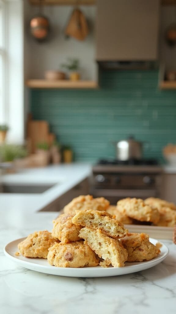 Almond Flour Peanut Butter Cookies 7 Cooled cookies on a white ceramic plate in a modern kitchen, one cookie broken showcasing chewy interior